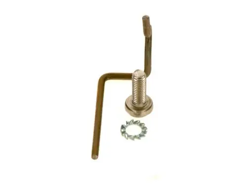 Masseelektrode von Bosch, bestehend aus einem gebogenen Metallstück, einer Schraube und einer Unterlegscheibe, auf weißem Hintergrund.